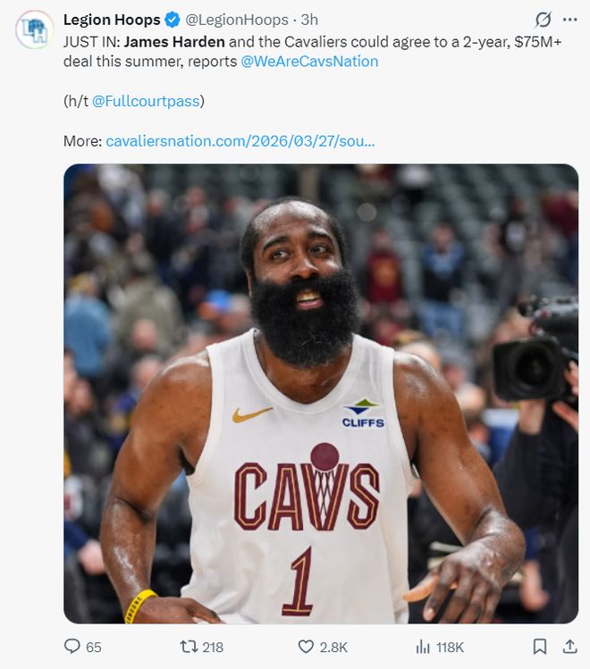 哈登24助攻创赛季新高 骑士大胜热火锁定胜局